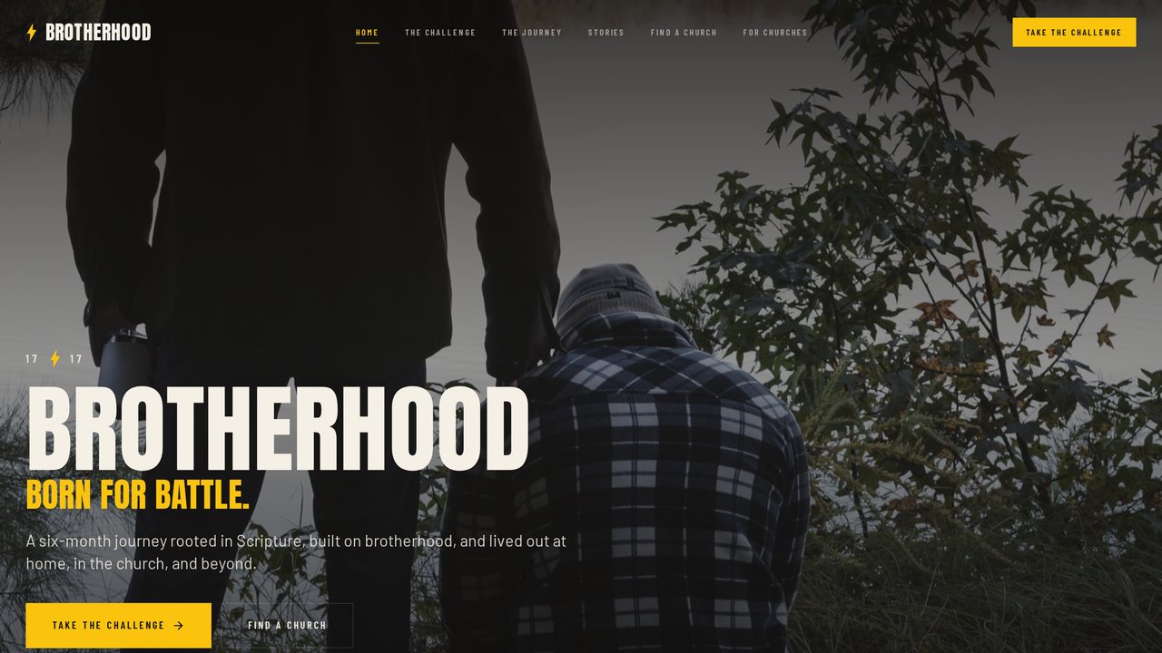 Brotherhood homepage: two men on a wooded trail behind the headline Born for Battle, with Take the Challenge and Find a Church actions.