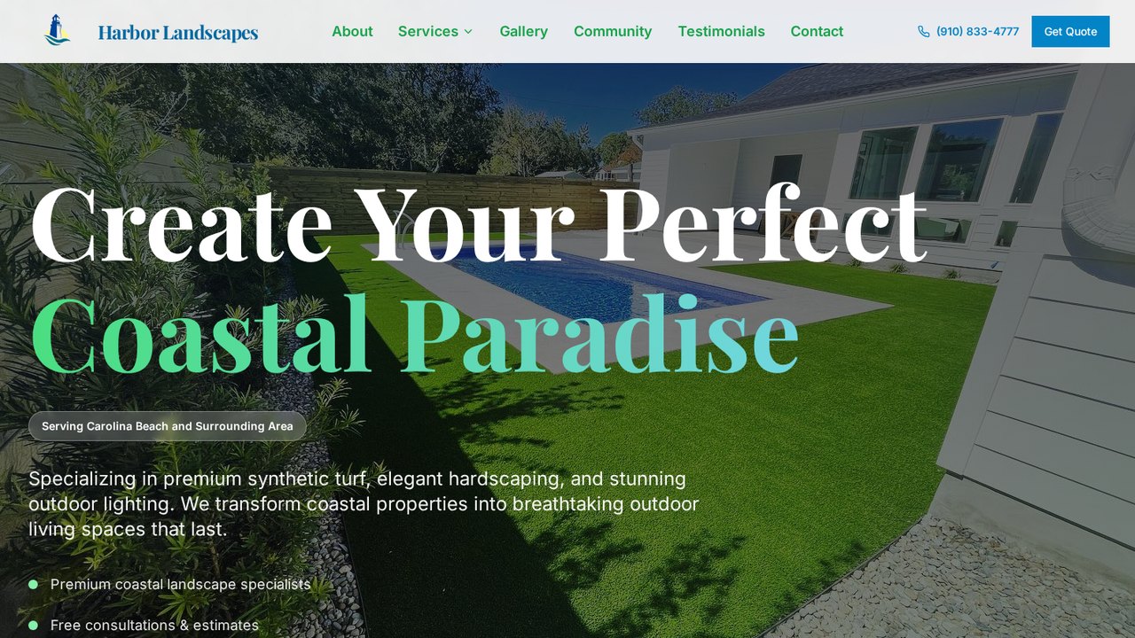 Harbor Landscapes homepage: a synthetic turf lawn and pool behind the headline Create Your Perfect Coastal Paradise, with a Carolina Beach service note and quote action.
