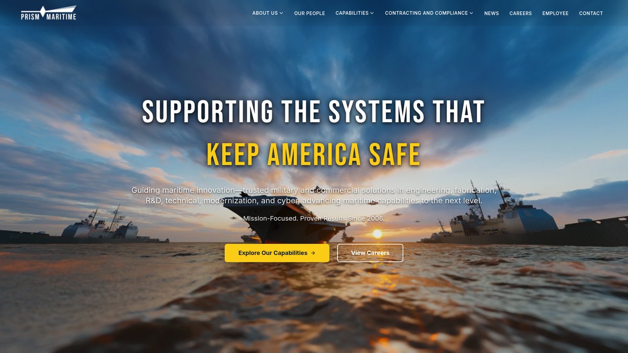 Prism Maritime homepage: naval imagery behind the headline “Supporting the Systems that Keep America Safe,” with capability and careers actions.